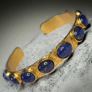 18k Gold Plated Hammered Genuine Lapis Lazuli Stone Bangle Cuff Bracelet Artisan